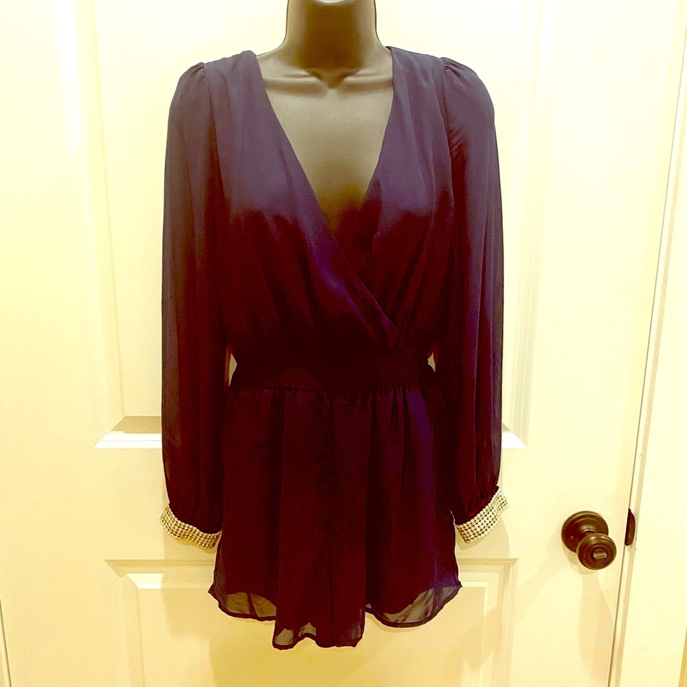 Bright navy Crystal Doll dressy romper w/rhineston